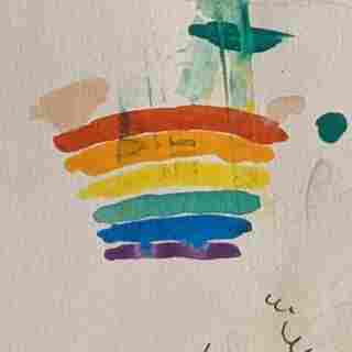 a rainbow doodle drawn with water colors. heavy jpg compression.